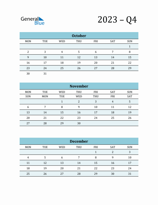 October, November, and December 2023 Calendar