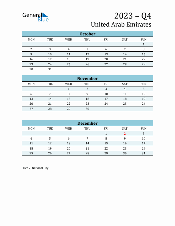 Three-Month Planner for Q4 2023 with Holidays - United Arab Emirates