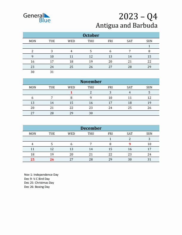 Three-Month Planner for Q4 2023 with Holidays - Antigua and Barbuda