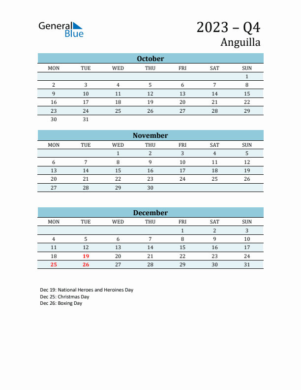 Three-Month Planner for Q4 2023 with Holidays - Anguilla