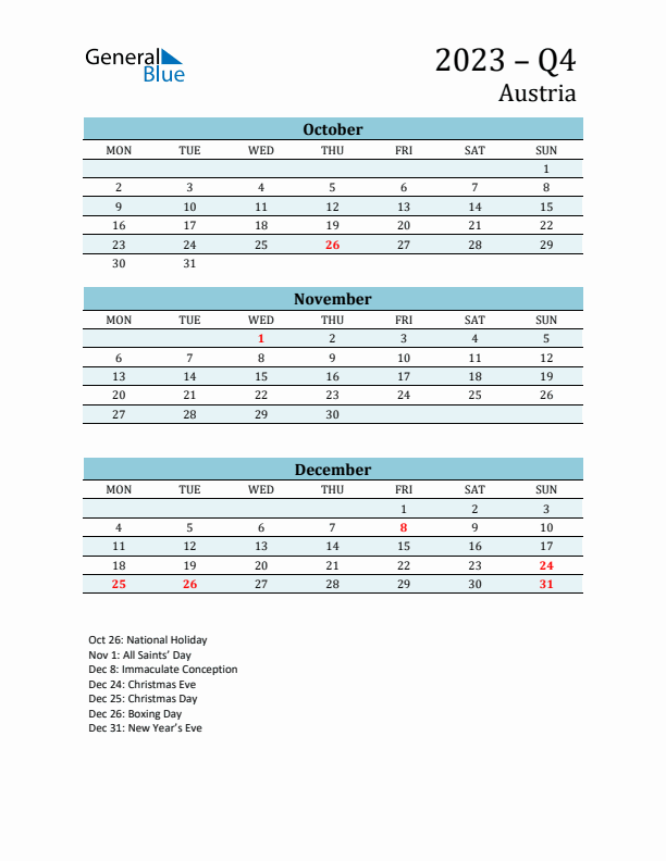 Three-Month Planner for Q4 2023 with Holidays - Austria