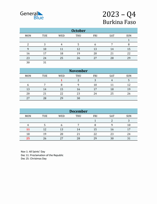 Three-Month Planner for Q4 2023 with Holidays - Burkina Faso