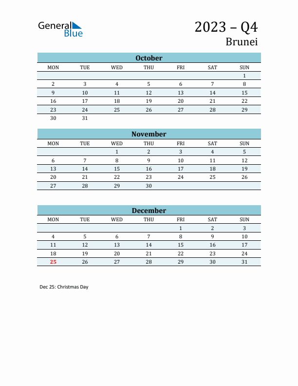 Three-Month Planner for Q4 2023 with Holidays - Brunei