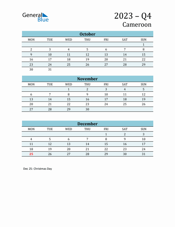 Three-Month Planner for Q4 2023 with Holidays - Cameroon