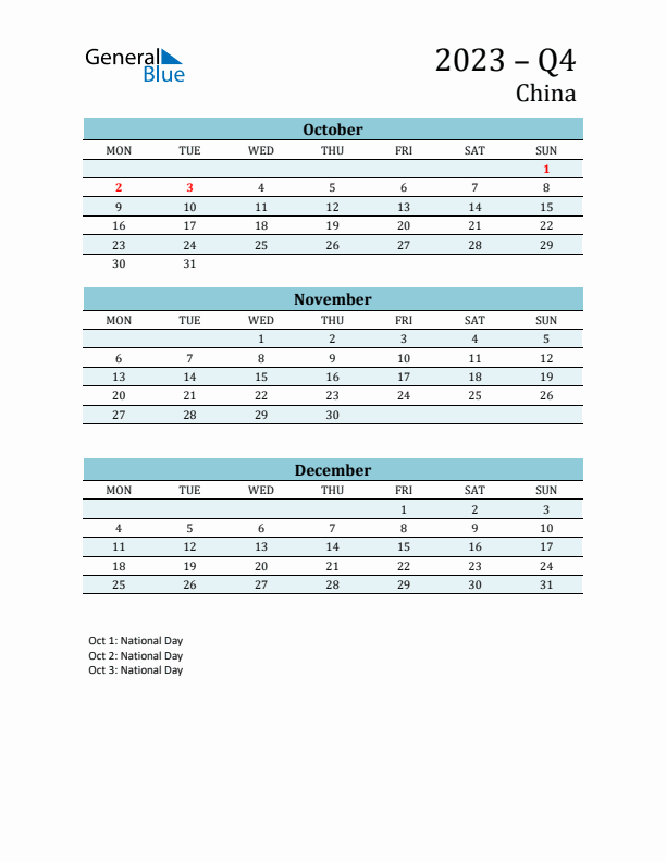 Three-Month Planner for Q4 2023 with Holidays - China