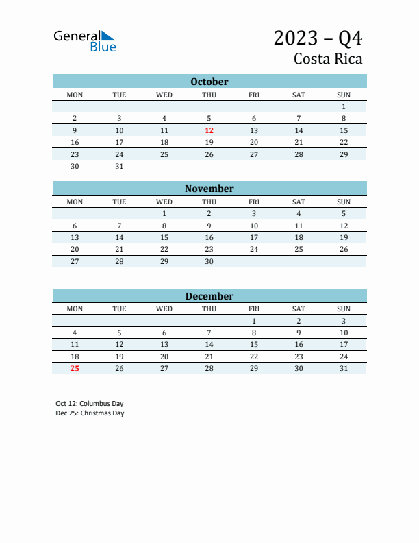 Three-Month Planner for Q4 2023 with Holidays - Costa Rica