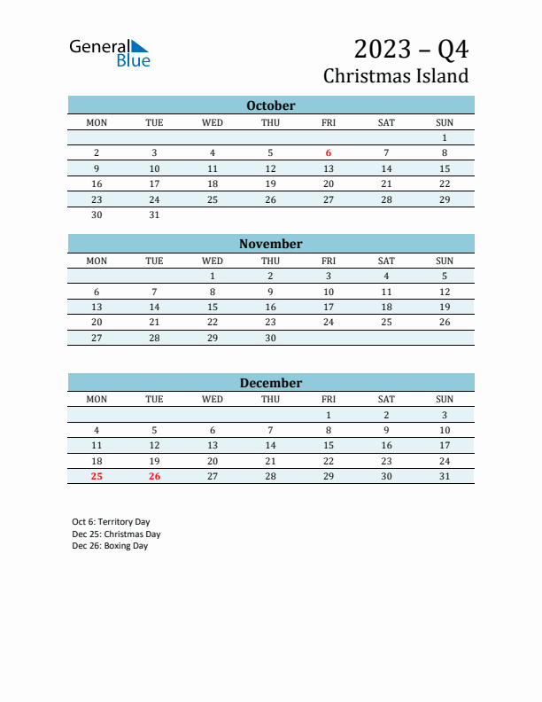 Three-Month Planner for Q4 2023 with Holidays - Christmas Island