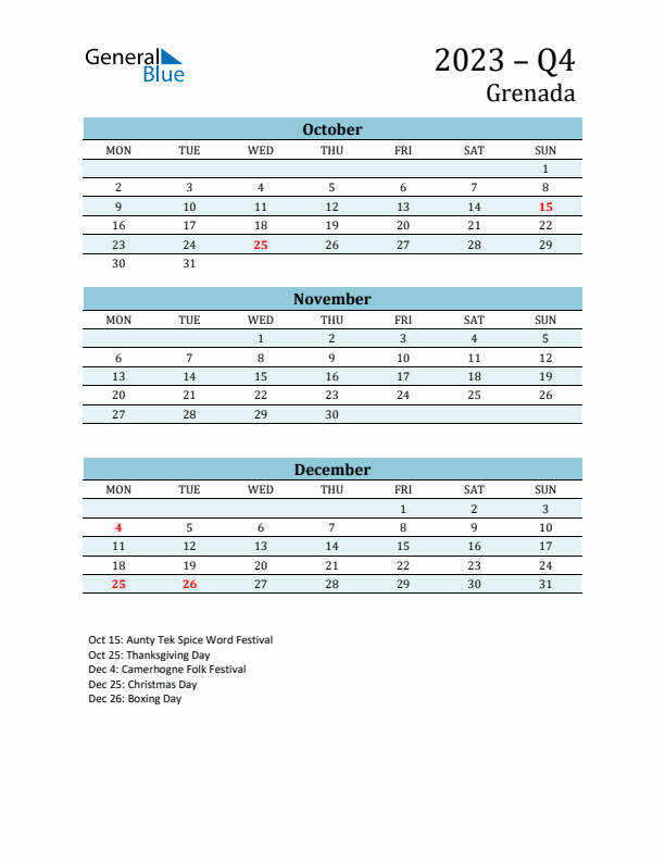 Three-Month Planner for Q4 2023 with Holidays - Grenada