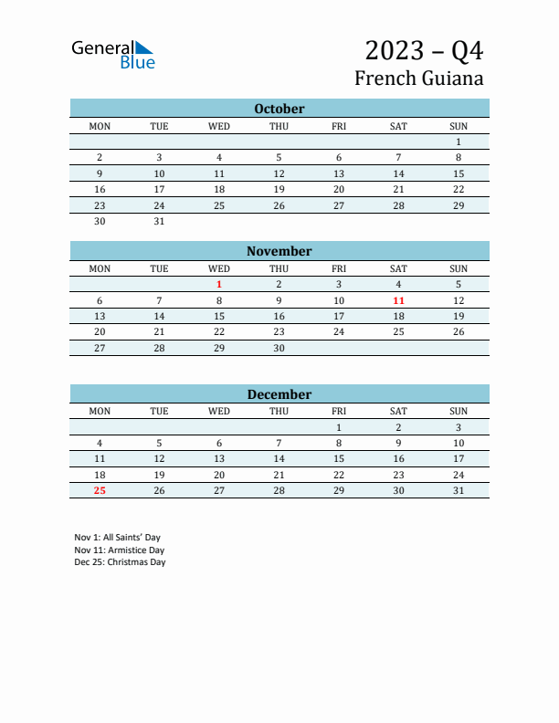 Three-Month Planner for Q4 2023 with Holidays - French Guiana