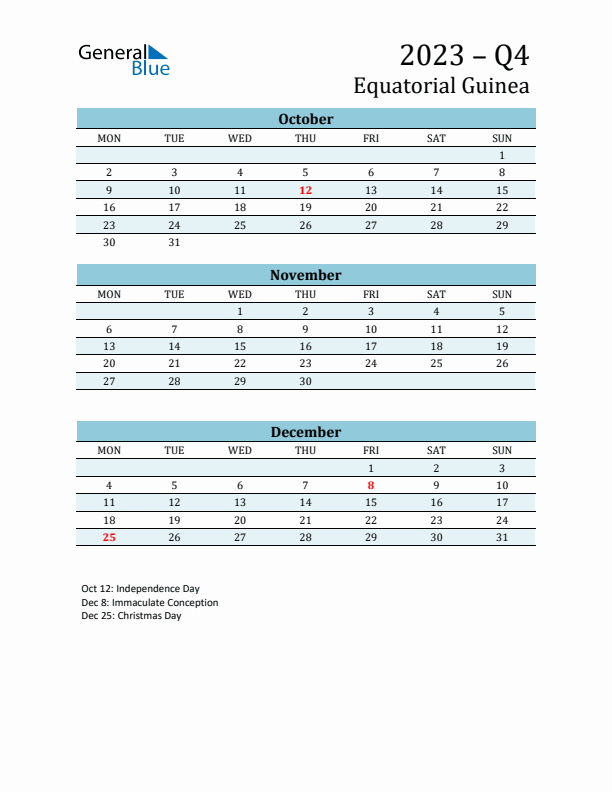 Three-Month Planner for Q4 2023 with Holidays - Equatorial Guinea