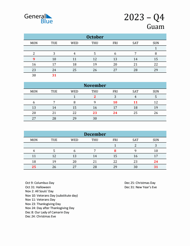 Three-Month Planner for Q4 2023 with Holidays - Guam