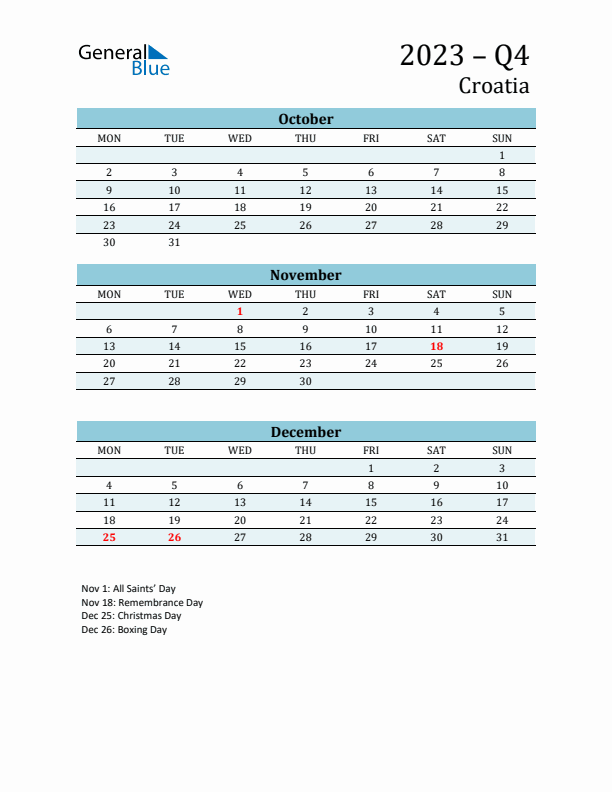 Three-Month Planner for Q4 2023 with Holidays - Croatia