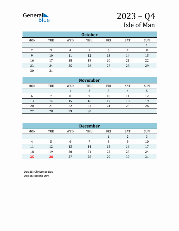 Three-Month Planner for Q4 2023 with Holidays - Isle of Man