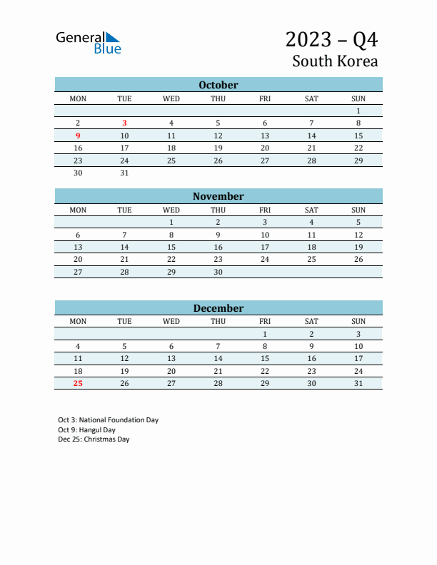 Three-Month Planner for Q4 2023 with Holidays - South Korea