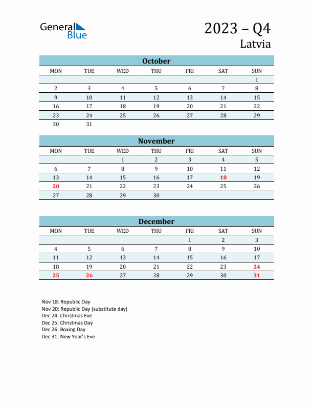 Three-Month Planner for Q4 2023 with Holidays - Latvia