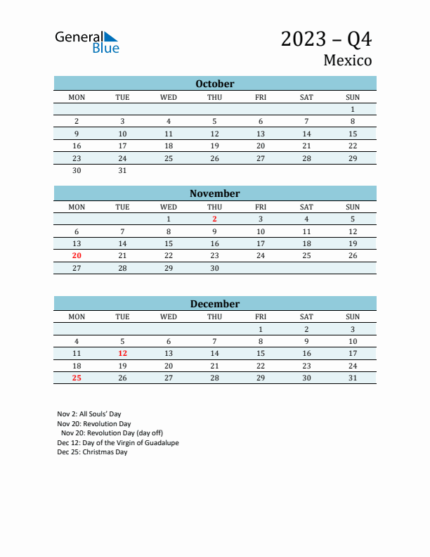 Three-Month Planner for Q4 2023 with Holidays - Mexico