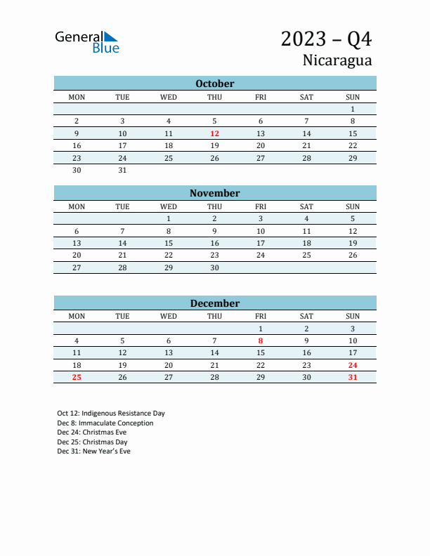 Three-Month Planner for Q4 2023 with Holidays - Nicaragua