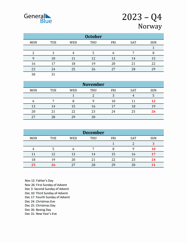 Three-Month Planner for Q4 2023 with Holidays - Norway