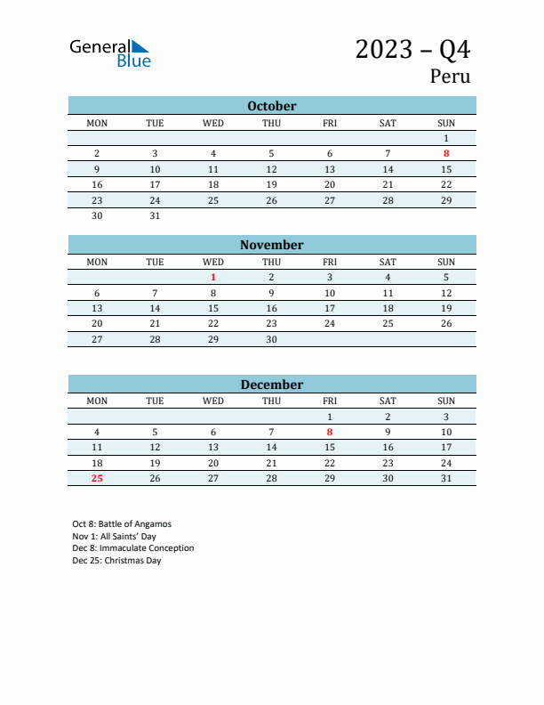 Three-Month Planner for Q4 2023 with Holidays - Peru