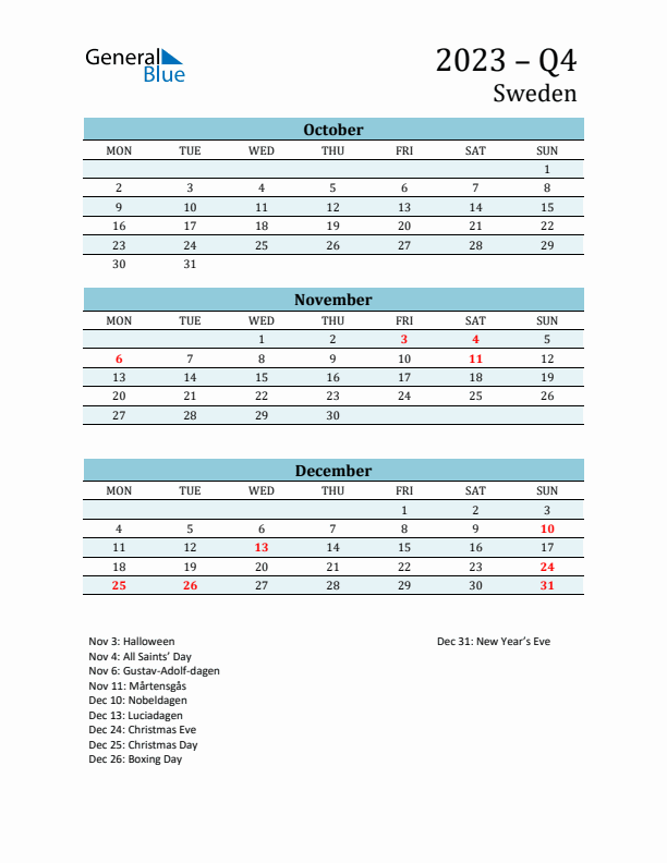 Three-Month Planner for Q4 2023 with Holidays - Sweden