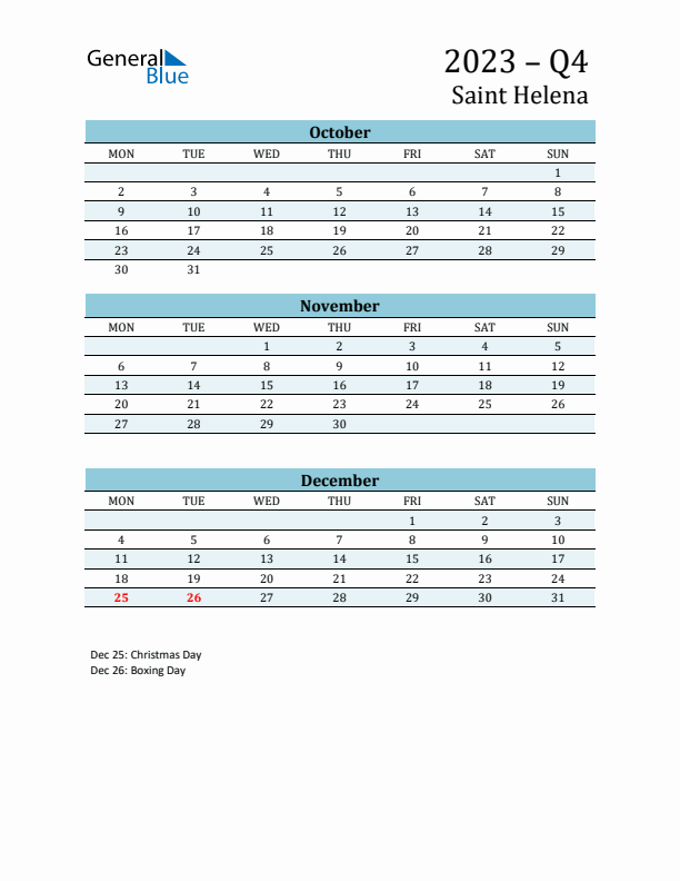 Three-Month Planner for Q4 2023 with Holidays - Saint Helena