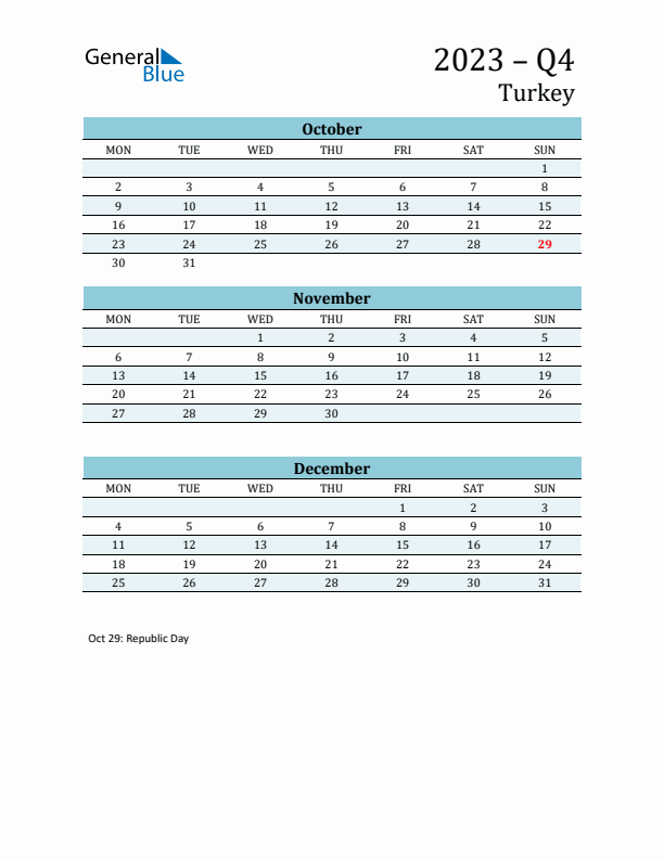 Three-Month Planner for Q4 2023 with Holidays - Turkey