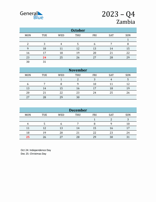 Three-Month Planner for Q4 2023 with Holidays - Zambia