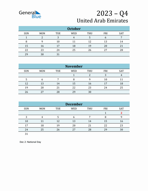 Three-Month Planner for Q4 2023 with Holidays - United Arab Emirates