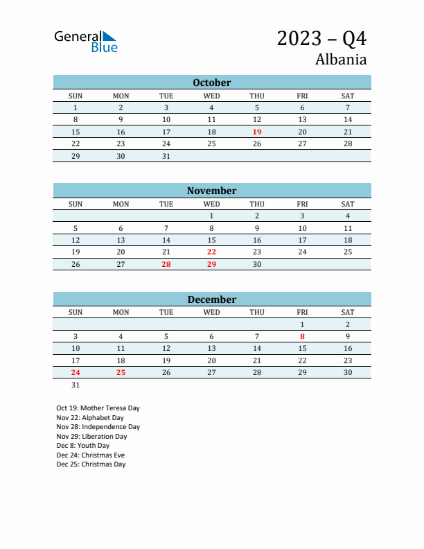 Three-Month Planner for Q4 2023 with Holidays - Albania