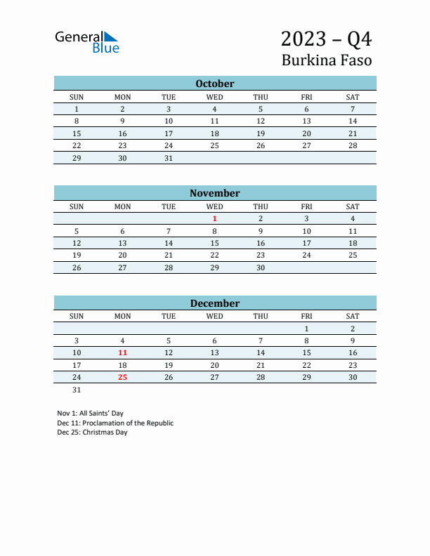 Three-Month Planner for Q4 2023 with Holidays - Burkina Faso