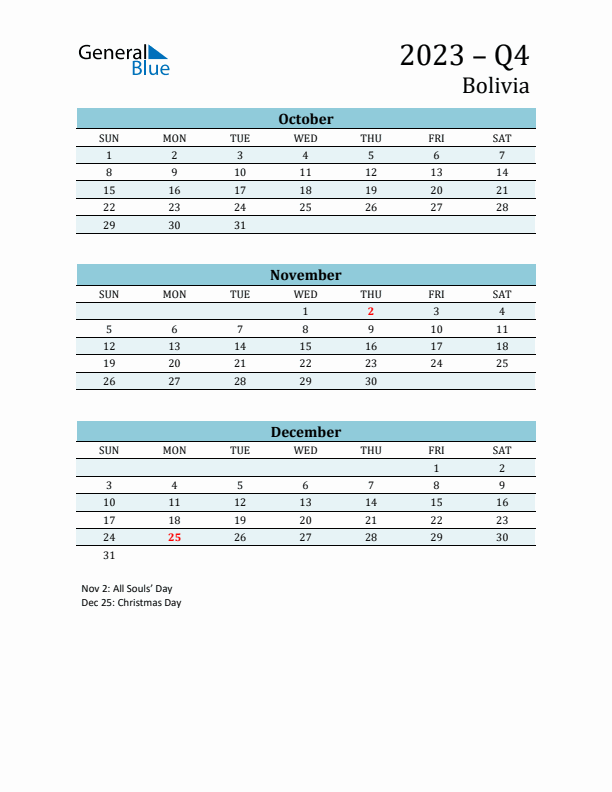 Three-Month Planner for Q4 2023 with Holidays - Bolivia