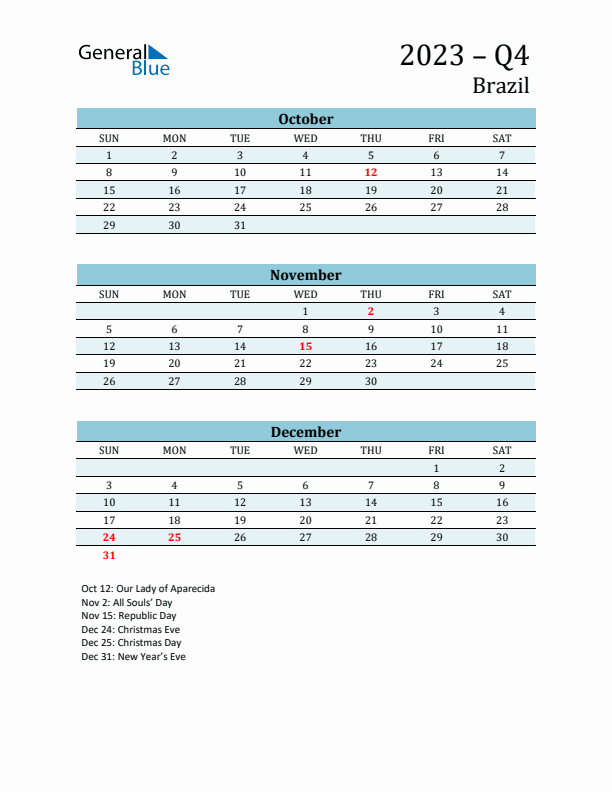 Three-Month Planner for Q4 2023 with Holidays - Brazil