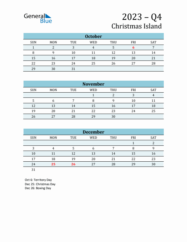 Three-Month Planner for Q4 2023 with Holidays - Christmas Island