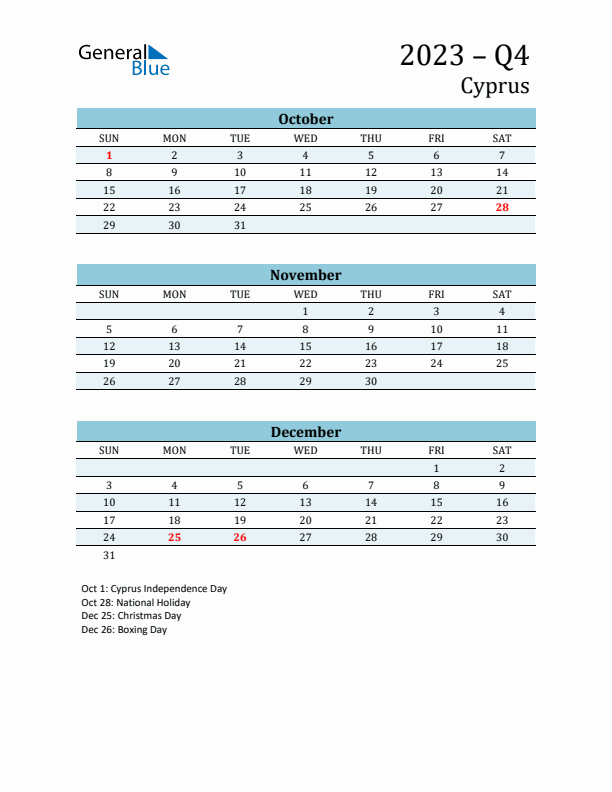 Three-Month Planner for Q4 2023 with Holidays - Cyprus