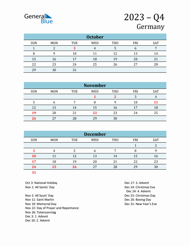 Three-Month Planner for Q4 2023 with Holidays - Germany