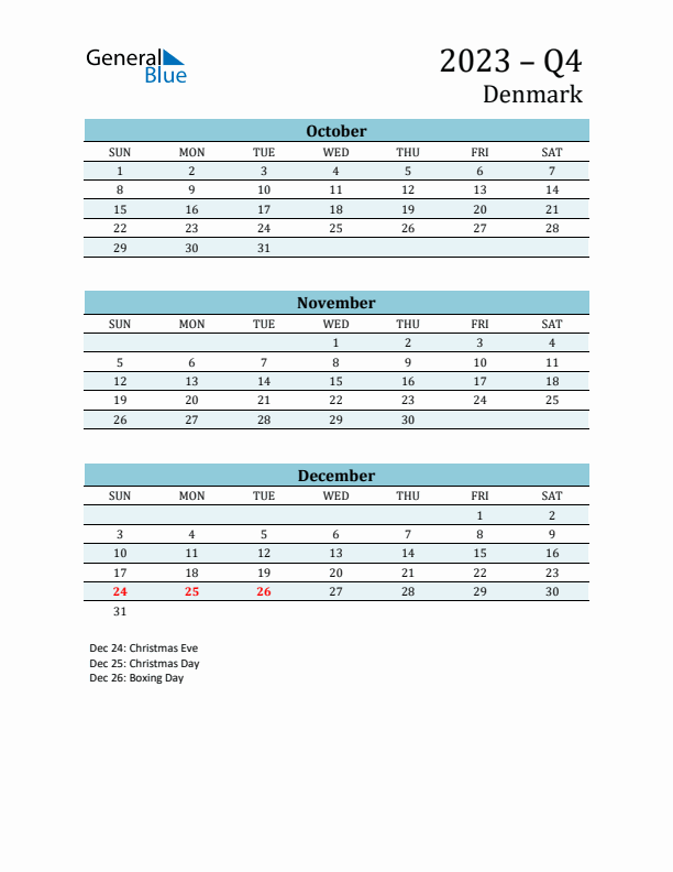 Three-Month Planner for Q4 2023 with Holidays - Denmark