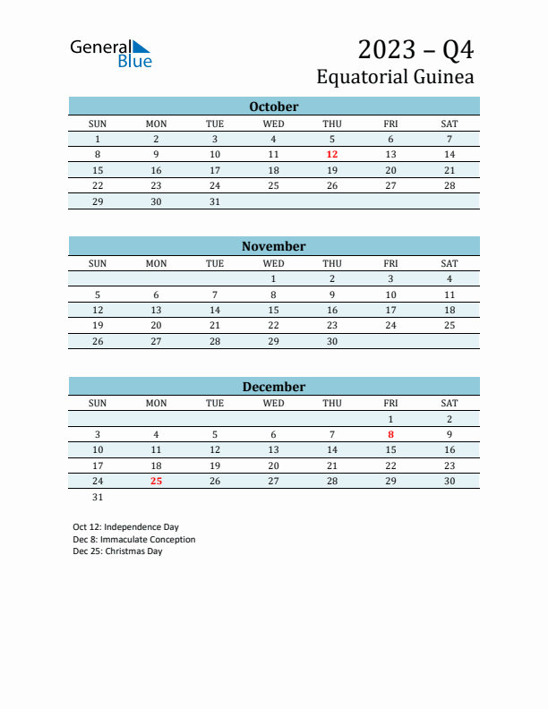 Three-Month Planner for Q4 2023 with Holidays - Equatorial Guinea