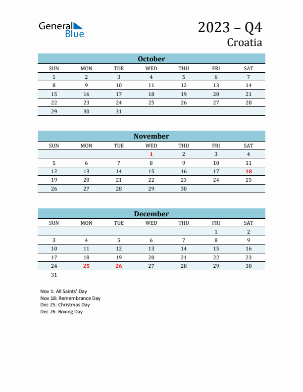 Three-Month Planner for Q4 2023 with Holidays - Croatia