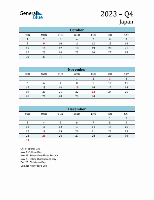 Three-Month Planner for Q4 2023 with Holidays - Japan