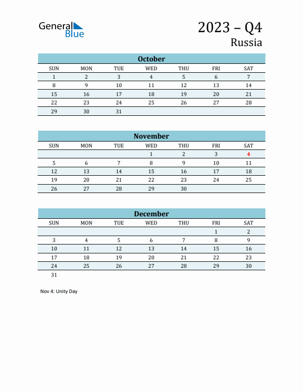 Three-Month Planner for Q4 2023 with Holidays - Russia