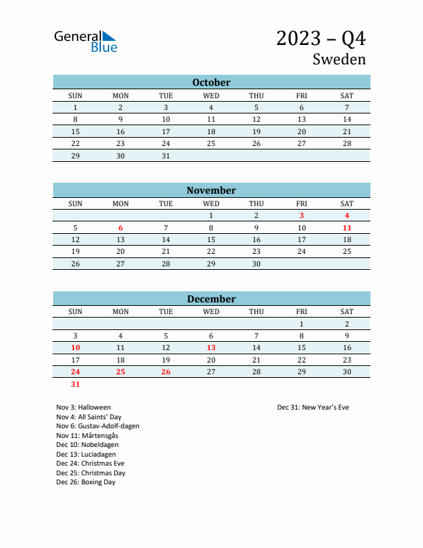 Three-Month Planner for Q4 2023 with Holidays - Sweden