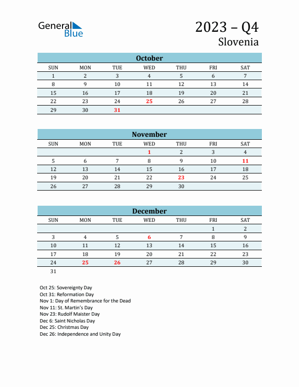 Three-Month Planner for Q4 2023 with Holidays - Slovenia