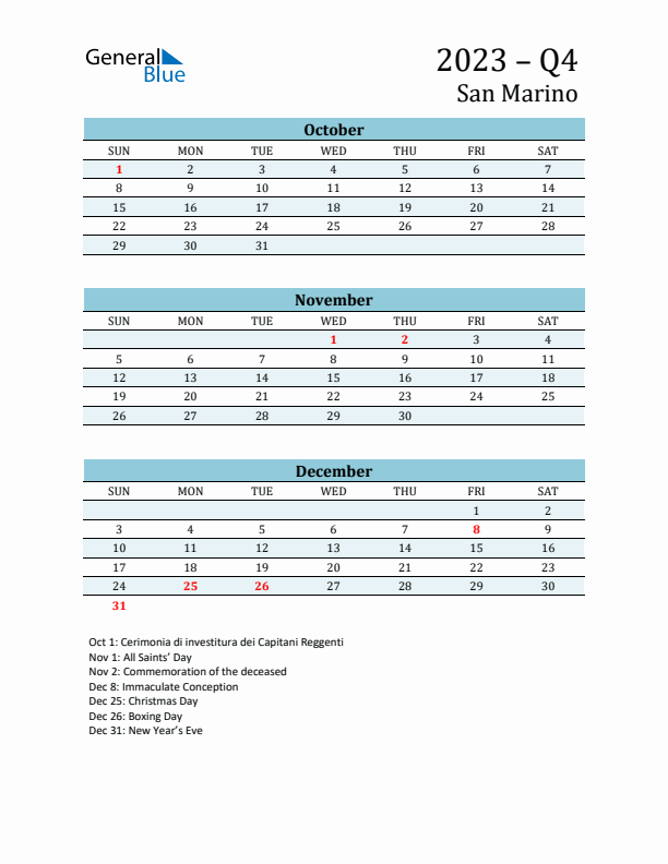 Three-Month Planner for Q4 2023 with Holidays - San Marino