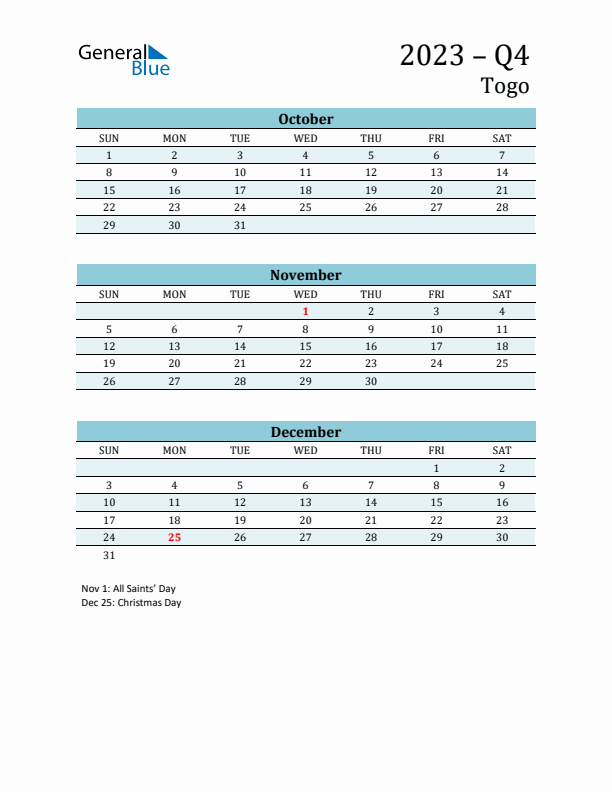 Three-Month Planner for Q4 2023 with Holidays - Togo