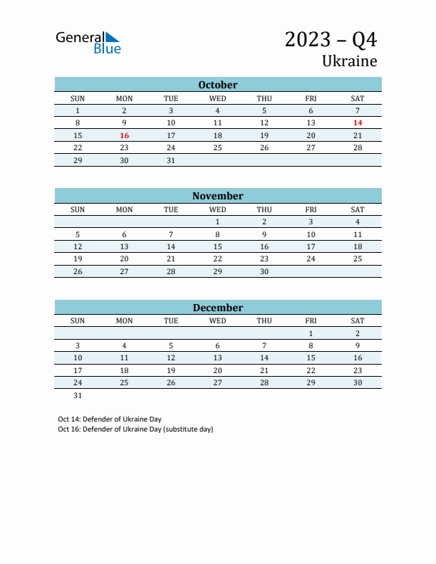 Three-Month Planner for Q4 2023 with Holidays - Ukraine