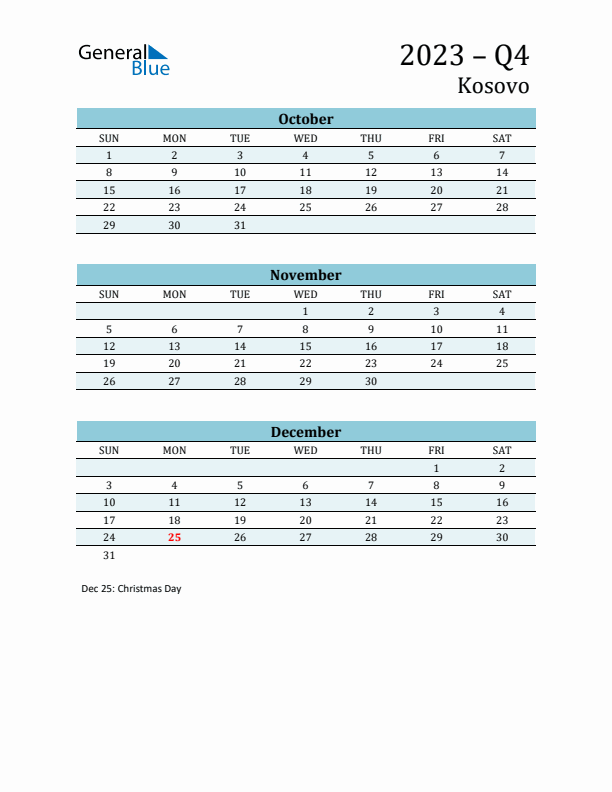 Three-Month Planner for Q4 2023 with Holidays - Kosovo