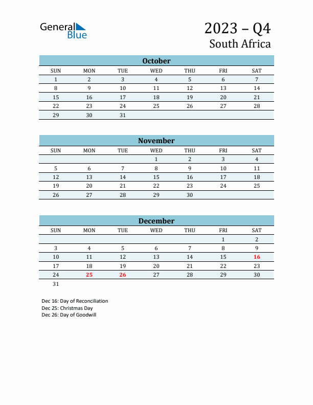 Three-Month Planner for Q4 2023 with Holidays - South Africa