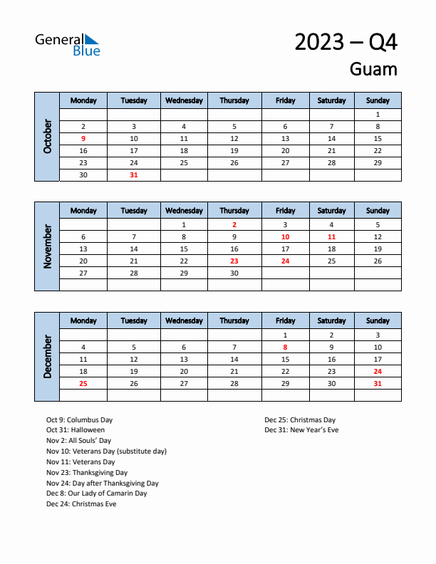 Free Q4 2023 Calendar for Guam - Monday Start