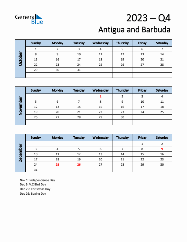 Free Q4 2023 Calendar for Antigua and Barbuda - Sunday Start