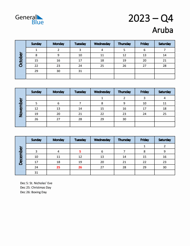 Free Q4 2023 Calendar for Aruba - Sunday Start